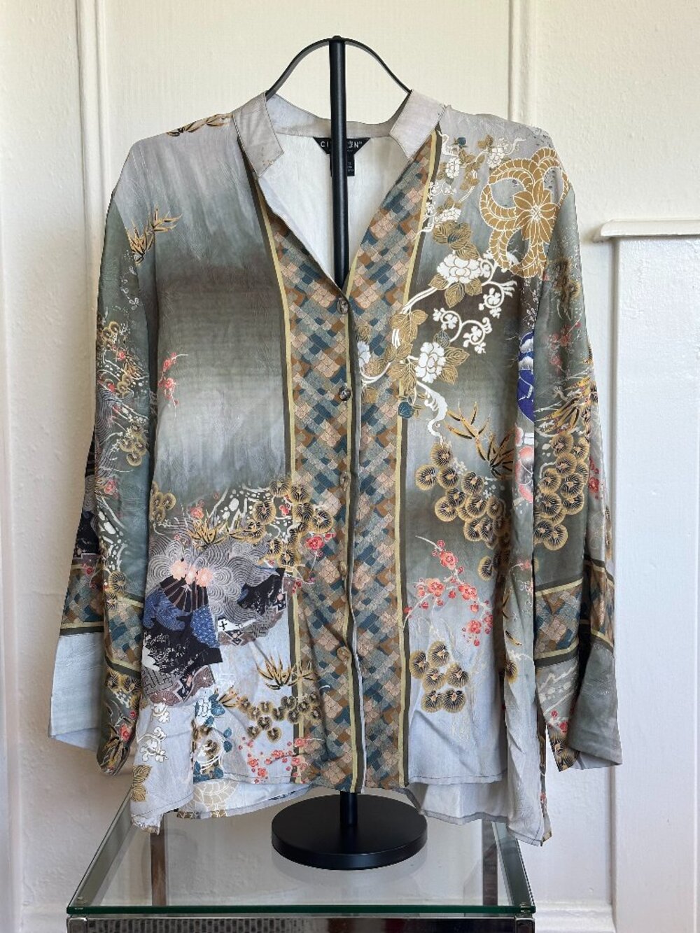 Citron 100% Silk Art Blouse | Asian Scenic Print | Size 3X